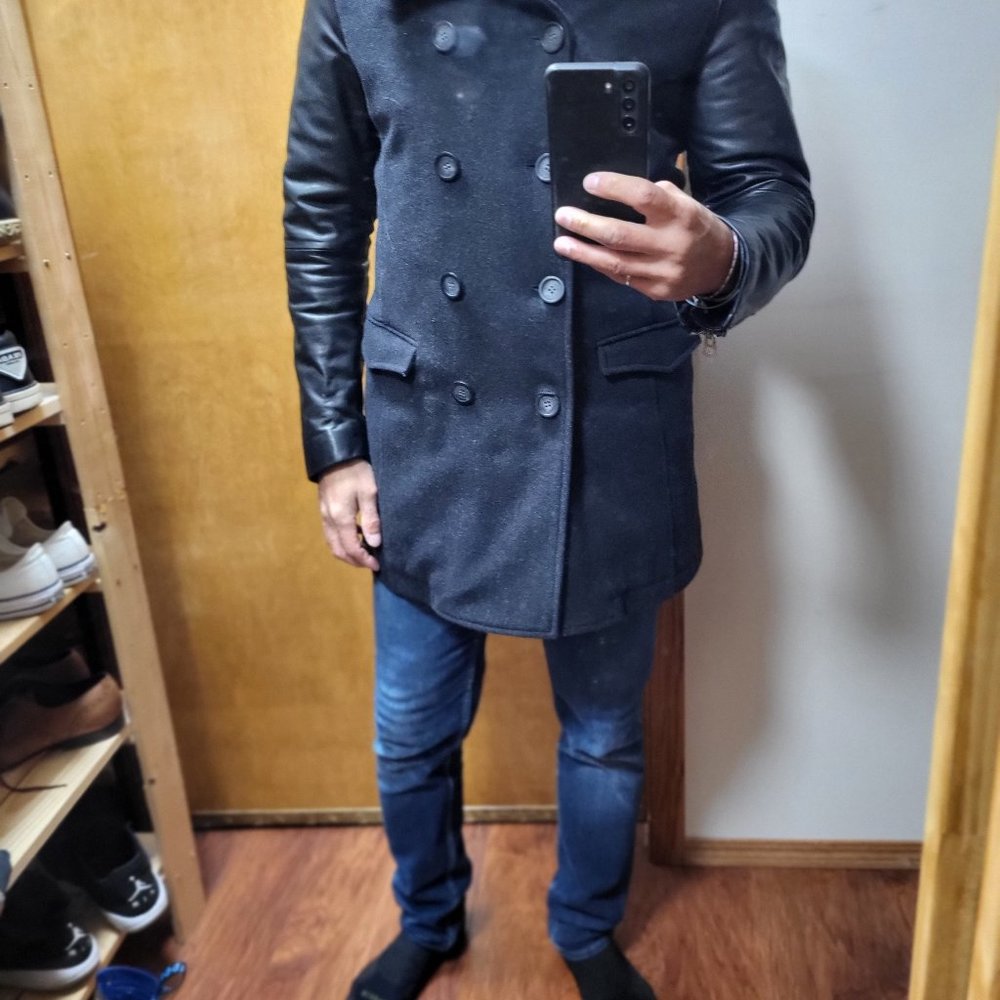 Diesel Wool Coat with Leather Sleeves